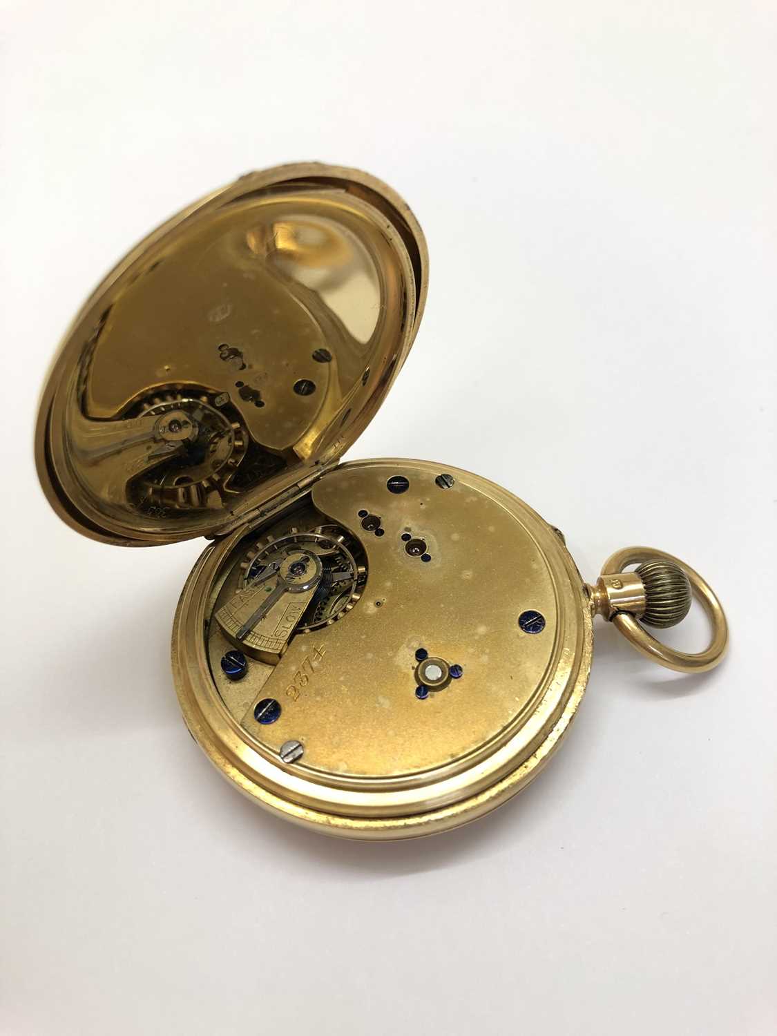 A late Victorian 18ct gold hunter pocket watch, the white dial with Roman numerals and subsidiary - Image 7 of 8