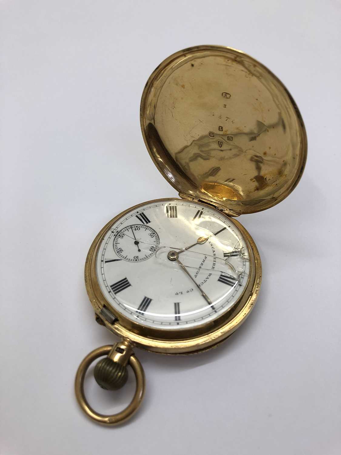 A late Victorian 18ct gold hunter pocket watch, the white dial with Roman numerals and subsidiary - Image 4 of 8