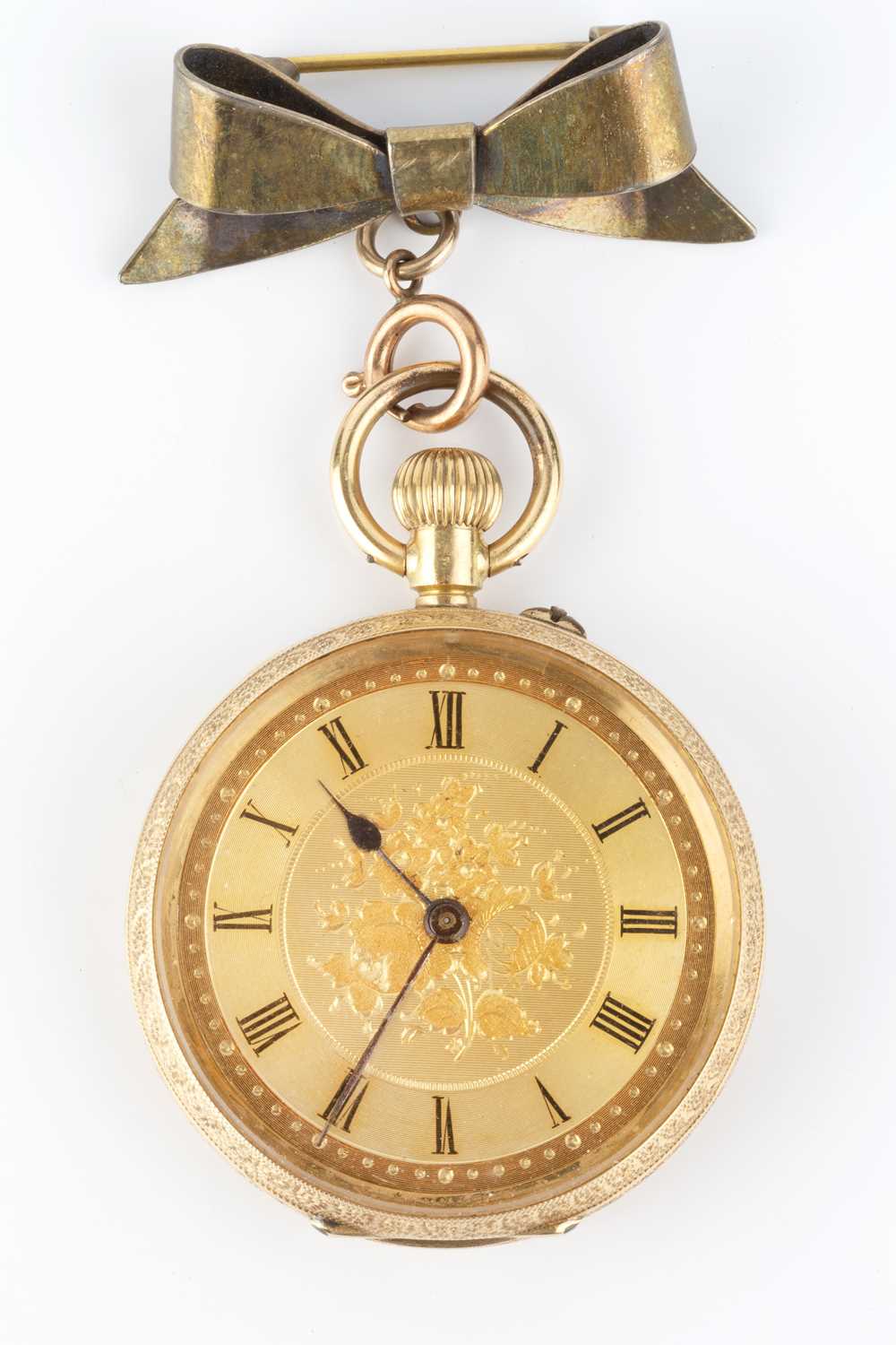 An open face fob watch, the circular gilt dial with black Roman numerals and blued steel hands,