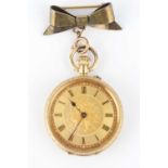 An open face fob watch, the circular gilt dial with black Roman numerals and blued steel hands,