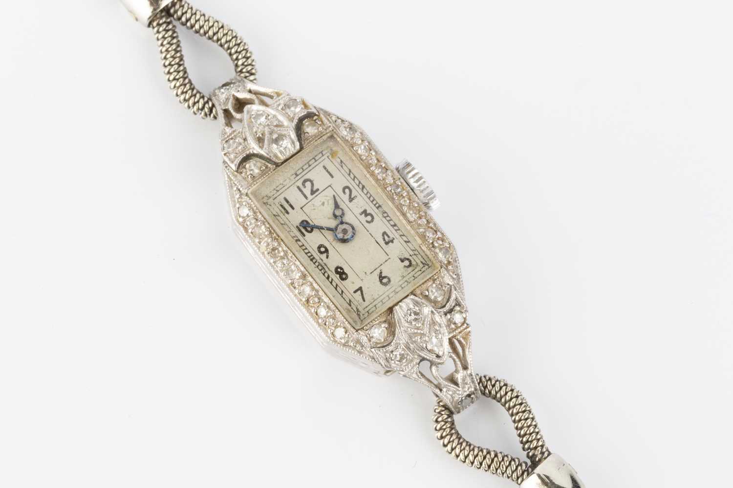 A diamond set cocktail watch, the rectangular silvered dial with black Arabic numerals and outer - Image 2 of 8