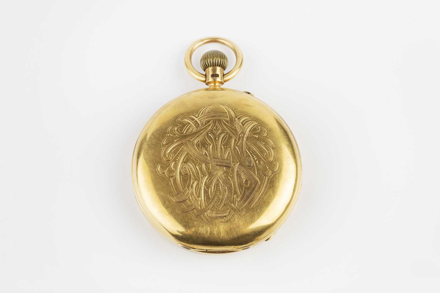 A late Victorian 18ct gold hunter pocket watch, the white dial with Roman numerals and subsidiary