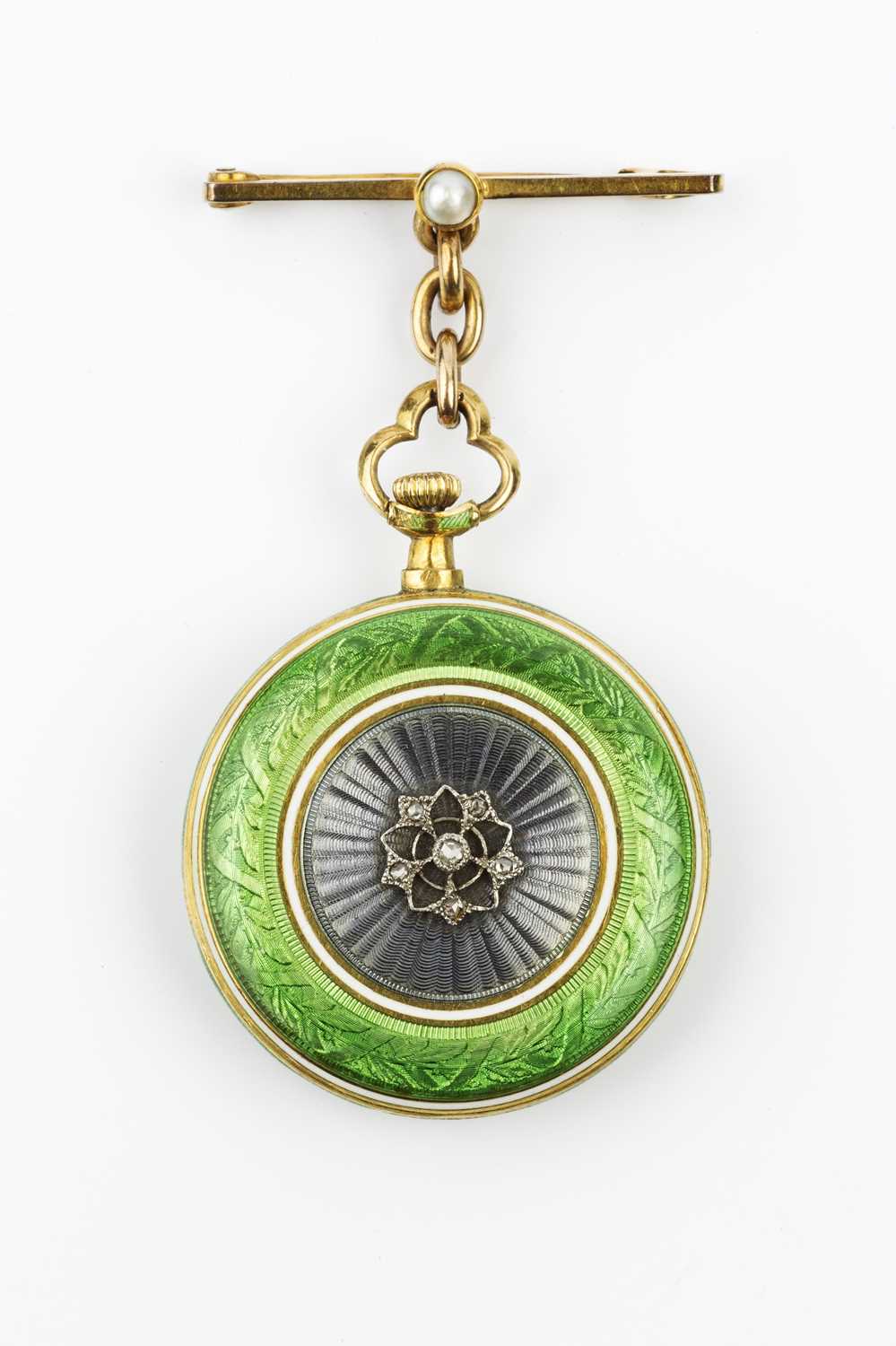 An early 20th century enamel and diamond set fob watch, the circular silvered dial with stylized