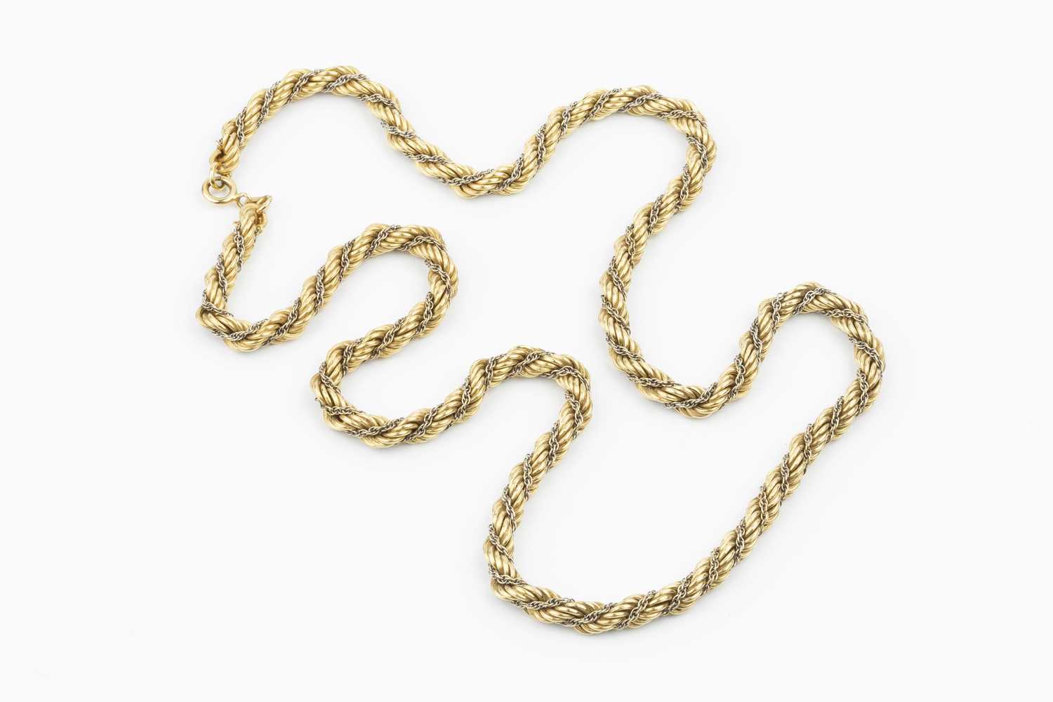 A two colour precious metal fancy-link chain, of ropetwist design, the clasp stamped '750', length - Image 2 of 2