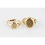 An 18ct gold signet ring, monogrammed, with interior inscription, and a smaller signet ring, stamped