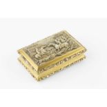 A George IV silver gilt rectangular box, the hinged cover cast with a hunting scene within a