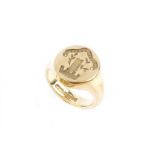 A 9ct gold signet ring, the oval panel incised with a crest below the motto 'REPULLULAT', Latin