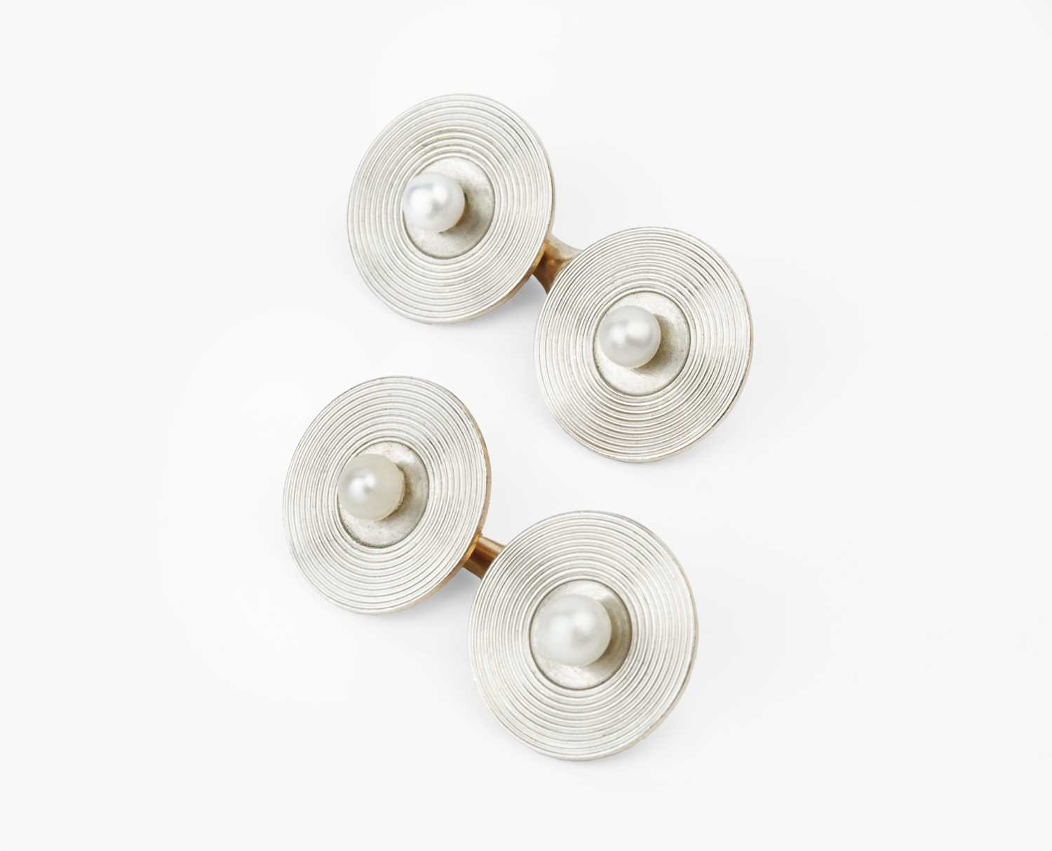 Of Ian Fleming interest: A pair of cultured pearl set cufflinks, each circular panel with radial - Image 3 of 5