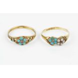 Two Victorian turquoise set dress rings, the first with turquoise and half pearl flowerhead