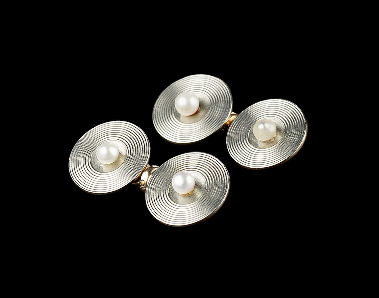 Of Ian Fleming interest: A pair of cultured pearl set cufflinks, each circular panel with radial - Image 2 of 5