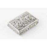 A George IV silver rectangular snuff box, the hinged coved decorated in relief with a group of Roman