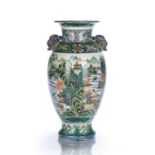 Famille verte vase Japanese, Hizen ware with painted river landscape scenes, and with butterfly wing