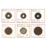 Six Chinese coins including Chekiang 1796-1820, Cash, Kwang Tun province Cash 1890-98 and others.