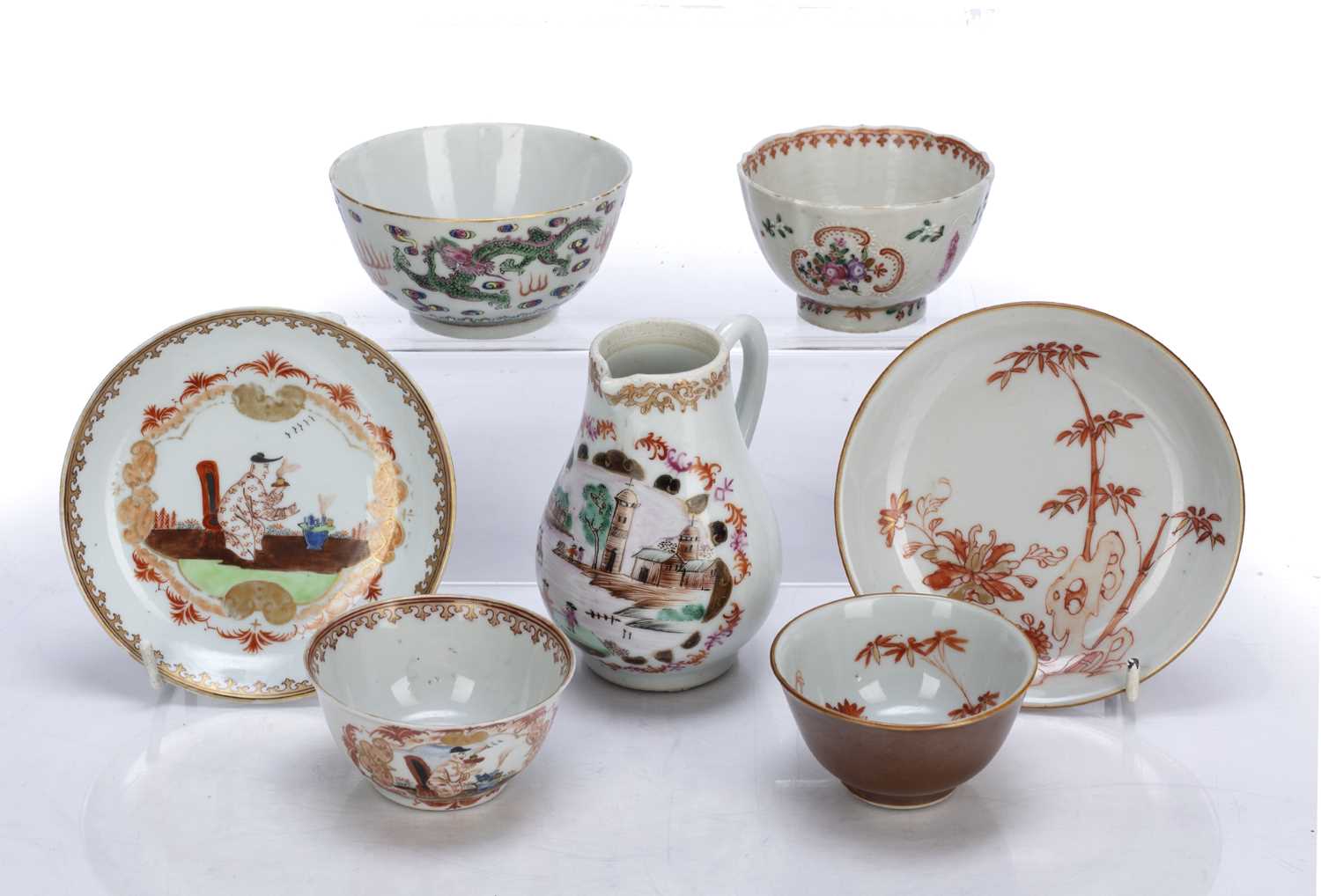 Group of pieces Chinese, 18th Century to include a Chinese Meissen style tea bowl and saucer with du