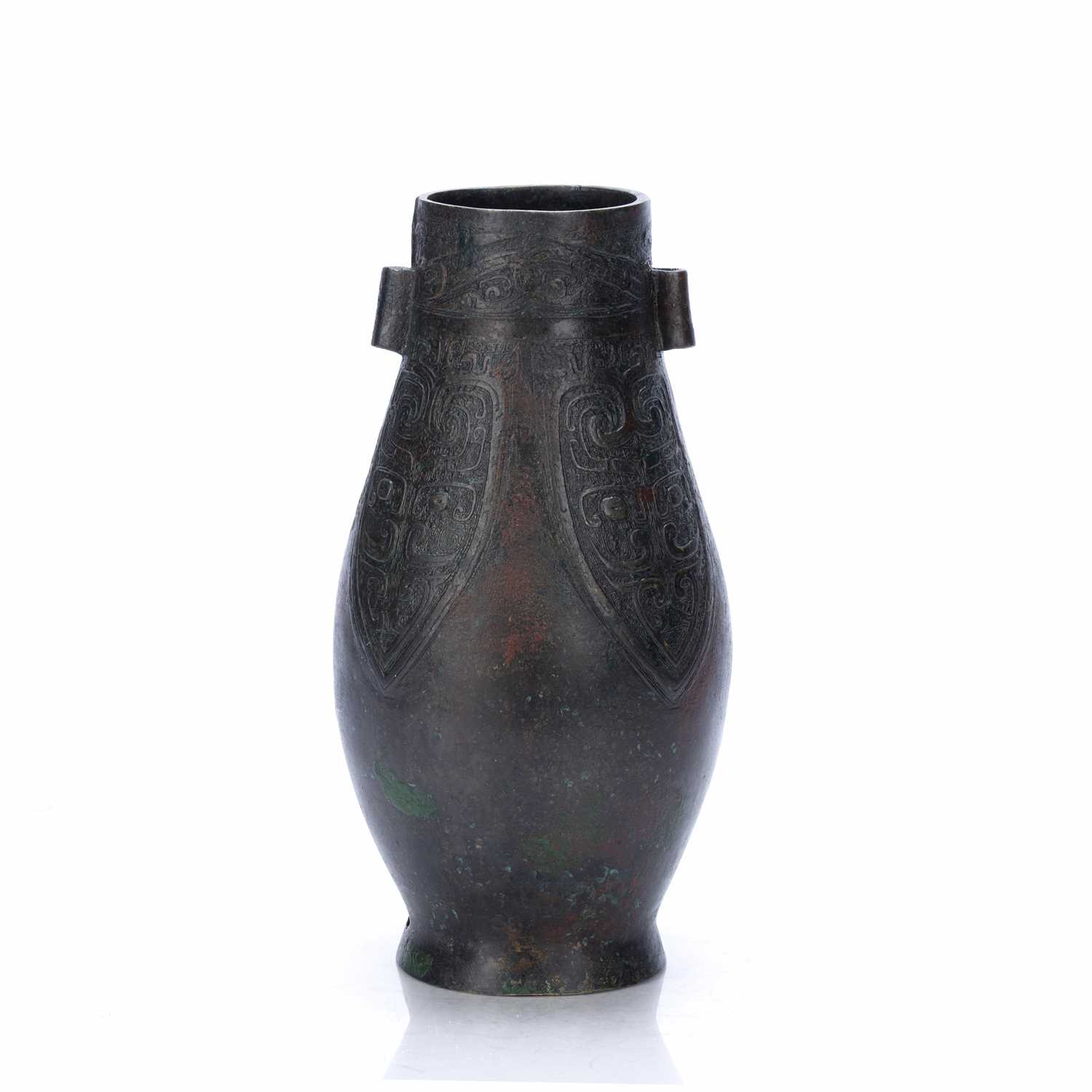 Bronze arrow vase in the Western Zhou style Chinese with taotie panels and incised four character