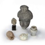 Group of small items Chinese to include a stone head of Bodhisattva, 5.5cm across, two small heads