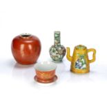 Group of four pieces Chinese, 19th/20th Century including a small yellow ground ewer with lid, 12cm,