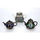 Three miniature teapots Japanese, late Meiji to include two cloisonne teapots and a single pottery