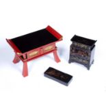 Vermilion lacquer Kiriwood altar table Japanese with four flared feet, 48cm wide x 29cm deep, a