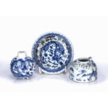 Three blue and white ceramics Chinese comprising of a brush washer decorated with a dragon to the