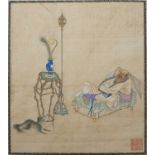 Chinese School Study of a recumbent scholar, with his dog, watercolour on paper, with seal in