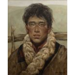 Zhu Guang (b.1959) 'Tibetan boy' oil on canvas, signed and dated 1991 lower right, 51cm x 39cm
