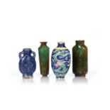 Four snuff bottles Chinese to include a small blue urn shaped example 6cm, a dragon decorated