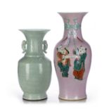 Pink ground large vase Chinese, 19th Century painted in a famille rose palette with two boys pulling