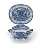 Oval blue and white tureen, cover and stand Chinese, 19th Century painted with river landscapes,