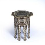 Bone and mother of pearl inlaid octagonal table Syrian, Damascus with geometric inlay and arched,