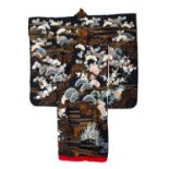 Black ground uchikake Japanese with hand stitched gold thread and hand dyed flower and stylised