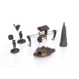 Group of miniature silver coloured metal Chinese to include a sedan chair and coolies, 10cm, a