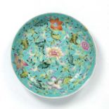 Turquoise porcelain plate Chinese, Republic Period decorated with flowering plants to the sides