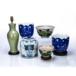 Group of pieces Chinese and Japanese to include a Chinese cylindrical jar and cover painted with