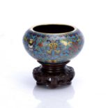 Cloisonne water pot with carved stand Chinese, 18th/19th Century decorated with ribbons, Indian