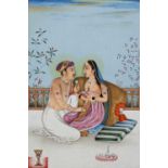 Mughal School miniature painting Indian depicting a courting couple, with a gold leaf backing,