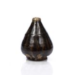 Seto ware sake bottle Japanese, 16th Century with ribbed decoration and bronze top, 14.5cm