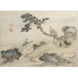 Chinese School Watercolour page from an album, depicting a scholar leaning upon a tree trunk and