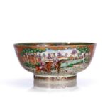 Famille rose punch bowl Chinese, Qianlong painted with a European style hunting scene in panels to