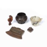 Group of small items Chinese to include a bronze censer, Yuan period, 4cm high, an archaic axe head,