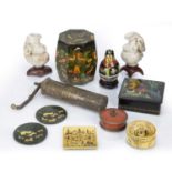 Group of pieces Islamic,Russian and Chinese to include a lacquer box in the form of a barrel, 15cm