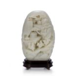 Large white jade carved boulder Chinese carved to one side with three figures on horseback