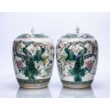 Pair of famille verte jars and covers Chinese, circa 1900 each painted in polychrome enamels with