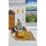 Pahari School painting Indian depicting Krishna with a spouse, the back with calligraphy, 21.5cm x