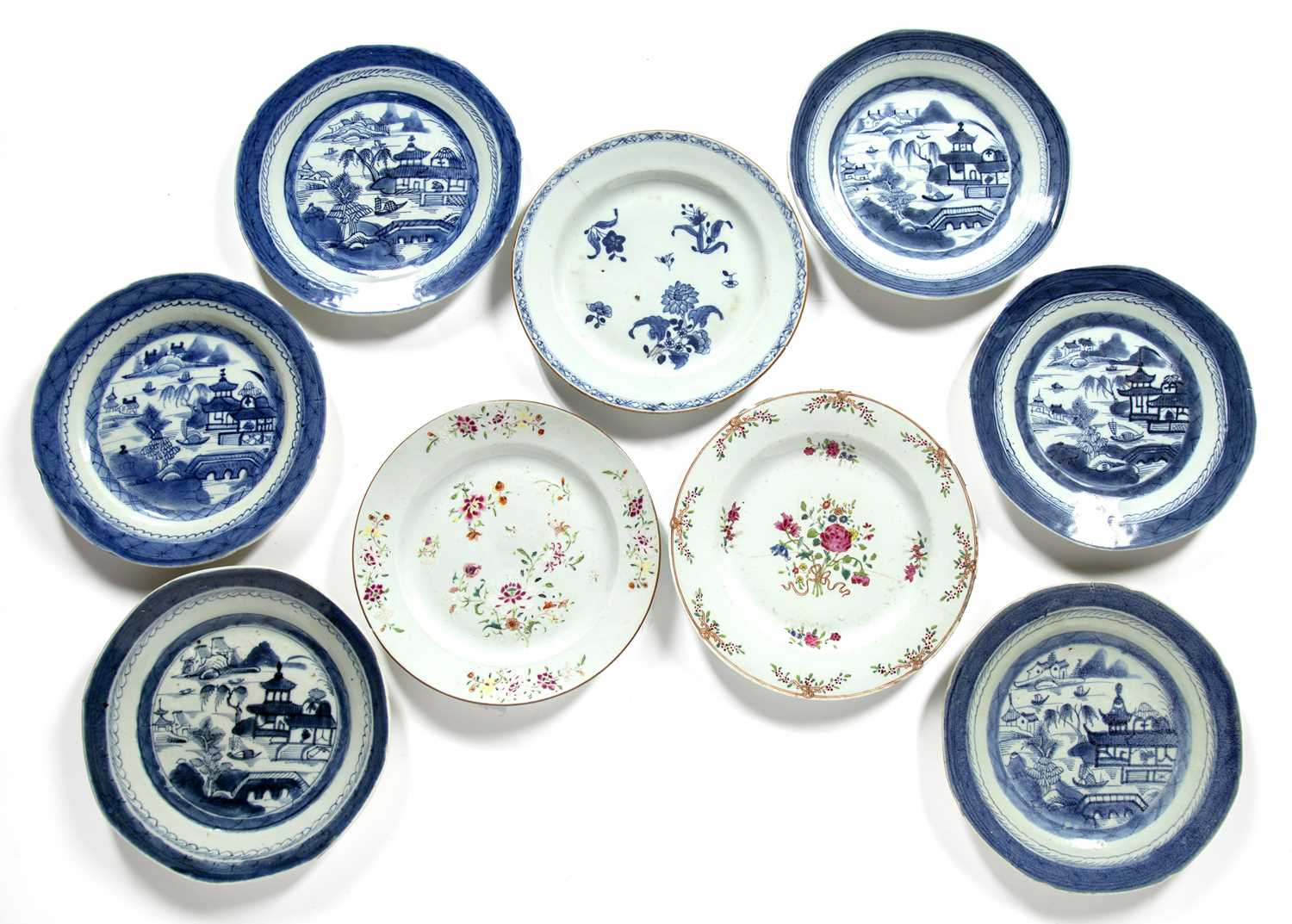 Group of nine blue and white and famille rose plates Chinese, 18th/19th Century to include