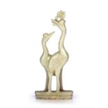 Hardstone model of two storks Chinese with their heads raised, supported by a grassy base, 15cm
