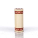 Ivory cylindrical needle case Indian, 19th Century with delicate red geometric and foliate