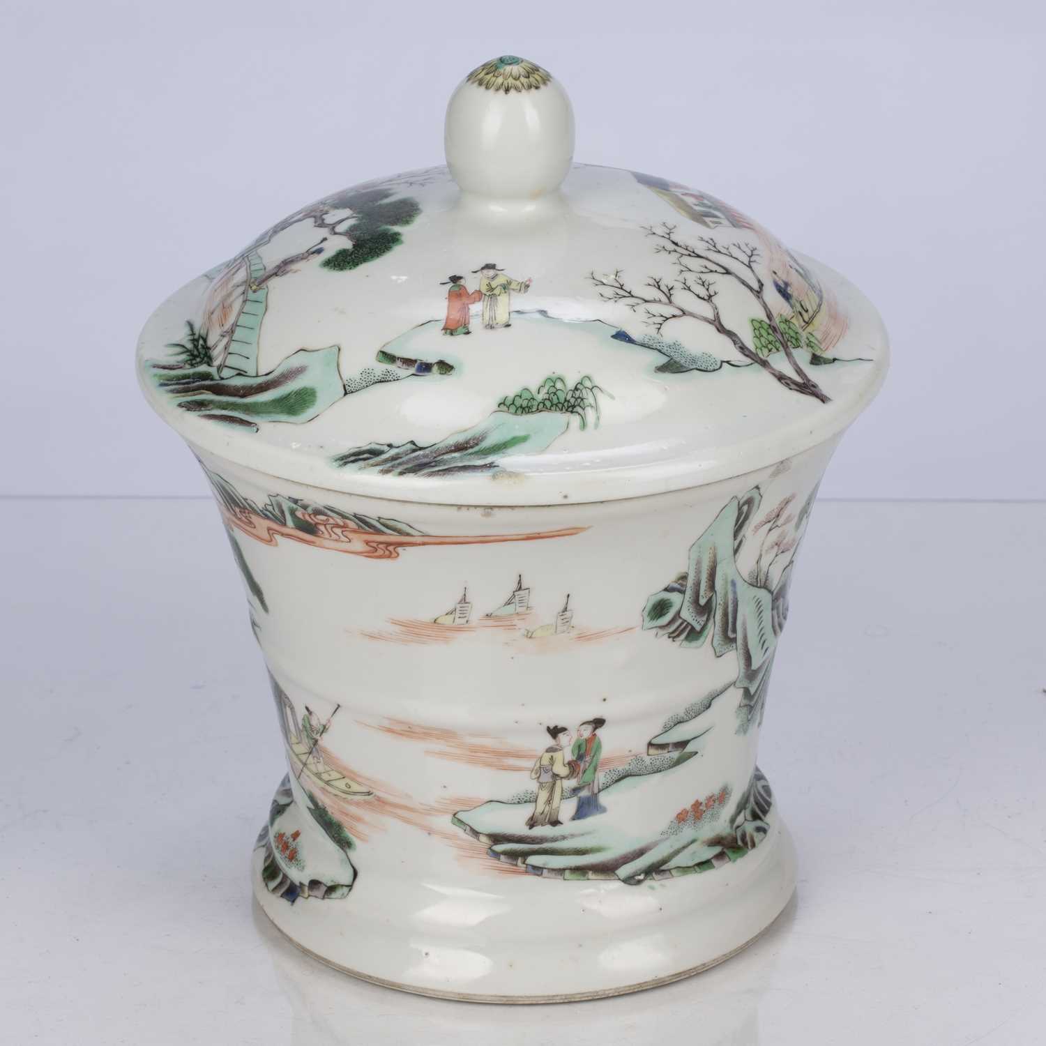 Famille verte lidded jar/brush pot Chinese, 19th Century decorated with figures in a mountainous - Image 3 of 9