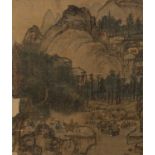 Chinese School Ming style A mountainous landscape with scholars to the foreground, on silk, 25cm x