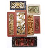 Group of temple carvings Chinese to include foliate panels, courtiers, and other scenes, largest